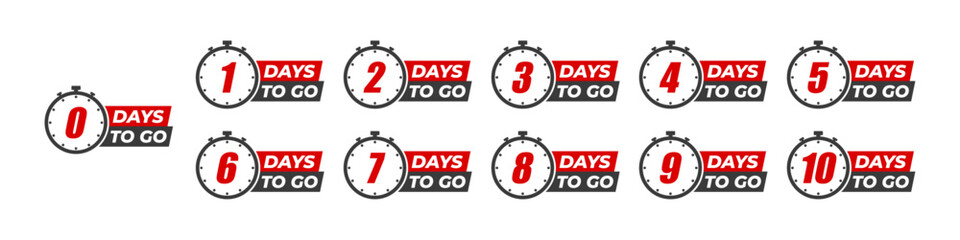 Set of Countdown of days from 0, 1 to 10. Number of days left badges. Offer timer, sticker limited to a few days. Ten, nine, eight, seven, six, five, four, three, two, one and zero days to go. Vector