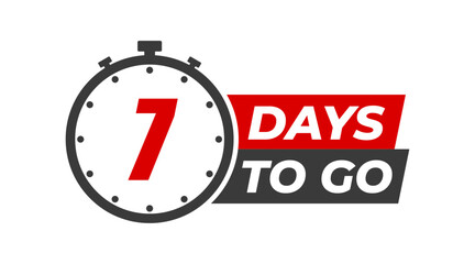 7 days to go badges symbol. Countdown of days. Offer timer, sticker limited to a few days. Seven days left to go. Vector illustration
