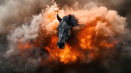 An awe-inspiring black horse emerges from exploding flames and smoke, capturing a moment of heroism in an intense and dramatic setting filled with dynamic energy.