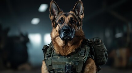 A focused German Shepherd in tactical vest exuding readiness and loyalty, showcasing the strength and agility of military working dogs in a controlled, training environment.