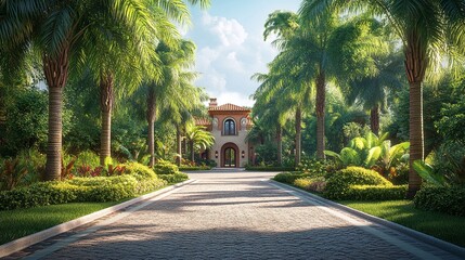 luxury tropical house exterior with driveway path lined with exotic palm trees modern mansion in exclusive neighborhood real estate property and natural garden