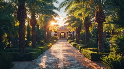 Obraz premium luxury tropical house exterior with driveway path lined with exotic palm trees modern mansion in exclusive neighborhood real estate property and natural garden
