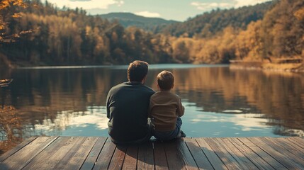 rear view of father hugging son while sitting on a dock by the water family bonding moment with nature outdoors parenting love and care