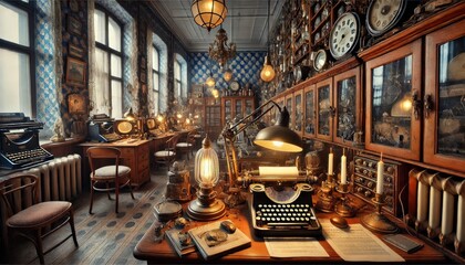 Naklejka premium Historical table with various computer.