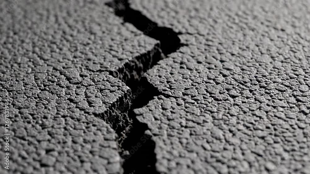 Poster Gradual splitting and expanding of asphalt surface during seismic event, revealing ground's dynamic movement and destructive potential through detailed slow motion perspective