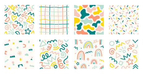 Set of fun colorful vector seamless pattern. Kid confetti background. Childish party celebration concept. Hand drawn design useful for fabric, textile, cover, banner, label, print, wrapping, wallpaper