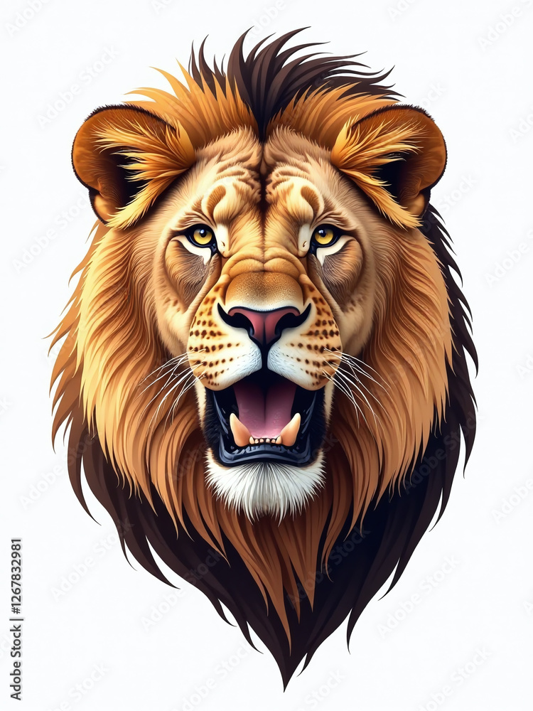Poster photograph captures intense facial expression of a majestic lion in isolation against a clean white 