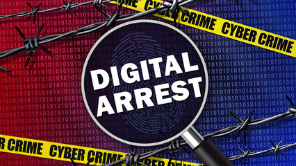 A magnifying glass over a yellow tape with "Cyber Crime" text, symbolizing digital investigation and arrest. Perfect for themes on cybersecurity and online fraud.