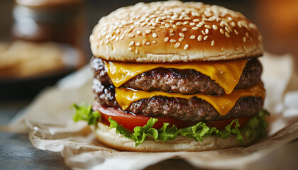 Delicious double beef burger with sesame bun on white paper surface