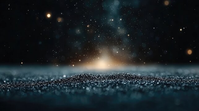 Abstract glitter particles, cosmic dust, dark background, backdrop, product display