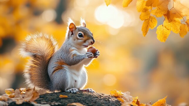 adorable wild squirrel standing with nut in forest park surrounded by fall foliage on a sunny day in garden nature wildlife habitat