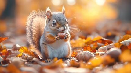 adorable wild squirrel standing with nut in forest park surrounded by fall foliage on a sunny day in garden nature wildlife habitat
