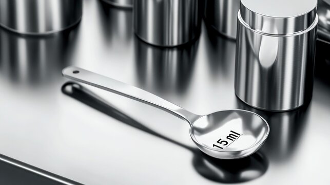 Stainless Steel Measuring Spoon on Reflective Kitchen Surface