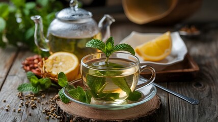 Fototapeta premium Mint leaves in a refreshing tea set.