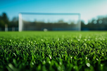 Soccer field with freshly cut green grass, blurred goals in the background, creating a dynamic perspective of the ongoing football match.

