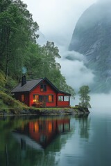 Fototapeta premium Charming red cabin reflects on serene waters of Norwegian fjords, surrounded by lush greenery and misty mountains. Concept of tranquility captured within enchanting Norwegian fjords.