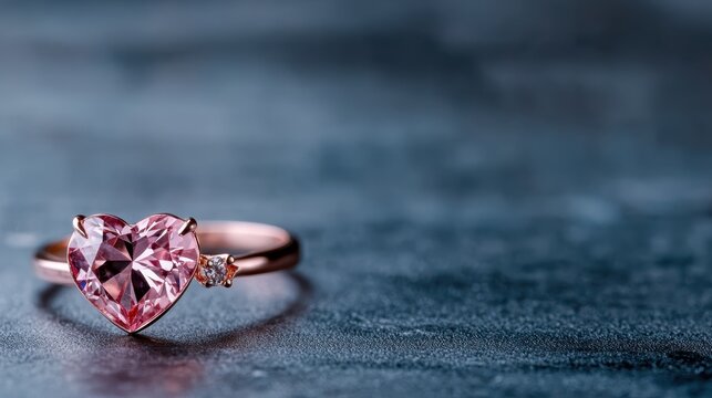 An exquisite heart-shaped pink gemstone ring is illuminated beautifully, highlighting its intricate cut and sparkling diamond accents against a dark, elegant background. - Powered by Adobe