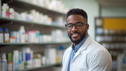 An African American male professional pharmacist at a contemporary pharmacy