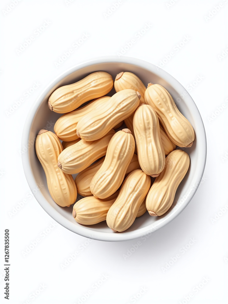 Poster shelled peanuts are arranged in a neat pile within a small bowl set against a plain white background