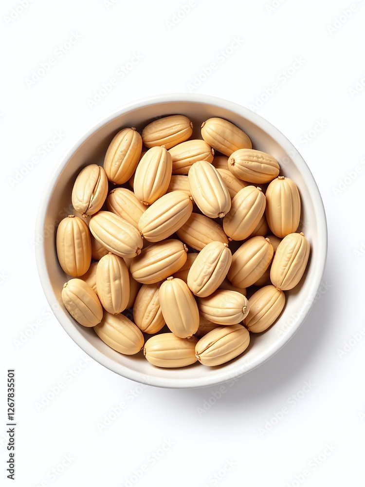 Poster shelled peanuts are arranged in a neat pile within a small bowl set against a plain white background