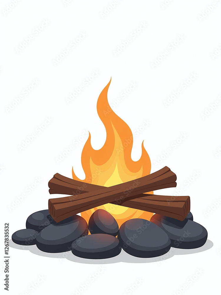 Poster simple campfire setup consisting of stacked stones and wooden kindling isolated against a clean whit