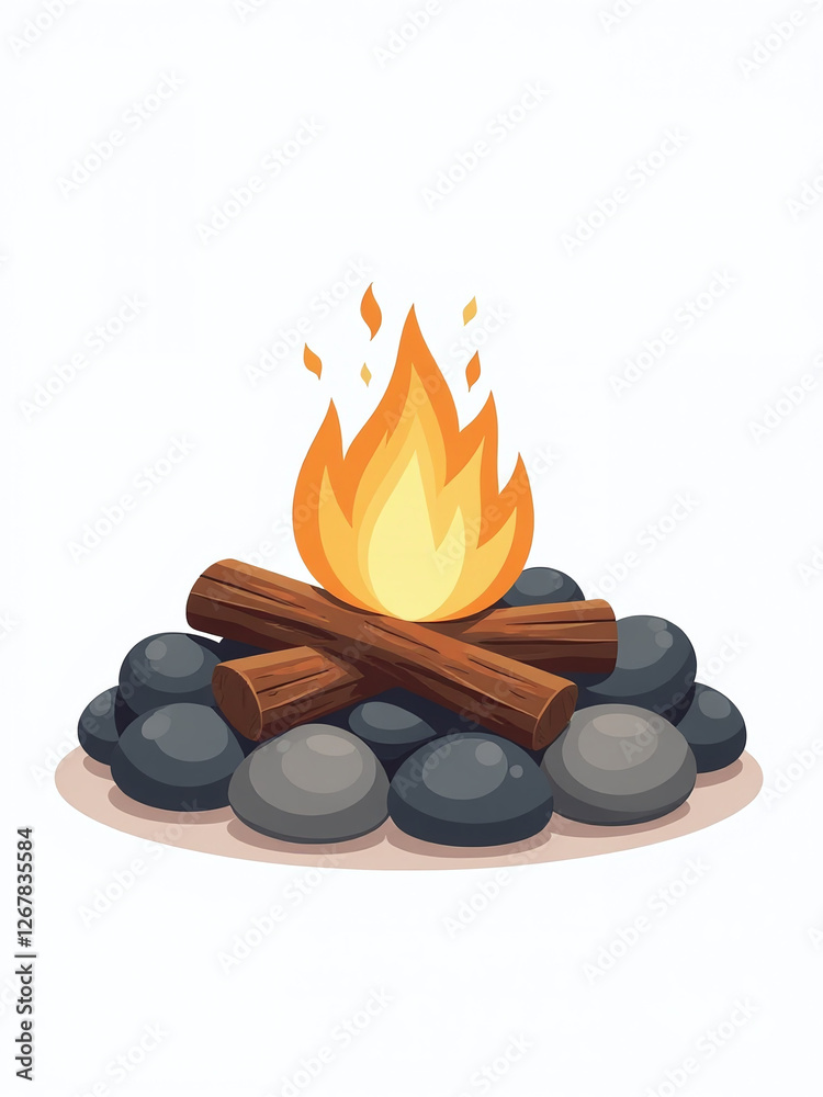 Poster simple campfire setup consisting of stacked stones and wooden kindling isolated against a clean whit