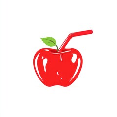 Red apple juice drink straw white background healthy