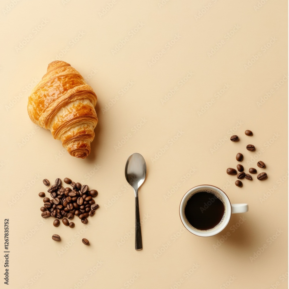 Poster enjoying a morning treat with a croissant, coffee, and coffee beans arranged in a flat lay setting o