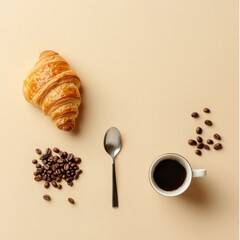 Enjoying a morning treat with a croissant, coffee, and coffee beans arranged in a flat lay setting on a neutral background. Generative AI