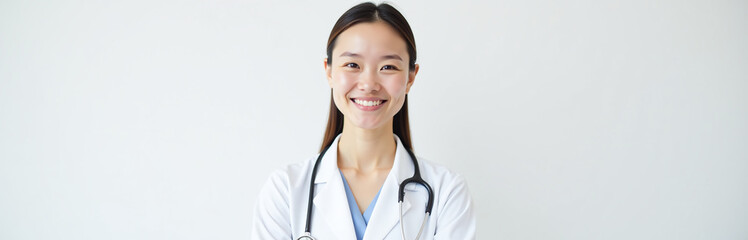 Smiling Female Doctor Stands Out Against Clean White Background, Her Gentle Expression Inviting Trust In This Simple And Elegant Portrait. 00002