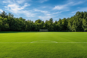 Football field with a perfectly groomed grass surface and blurry figures of players in action behind, highlighting the sport&rsquo;s movement and intensity.
