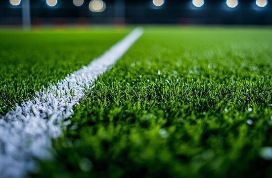 Football field with a perfectly groomed grass surface and blurry figures of players in action behind, highlighting the sport’s movement and intensity.