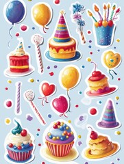 Colorful festive stickers featuring balloons, cakes, and party decorations for cheerful celebrations and events. Generative AI