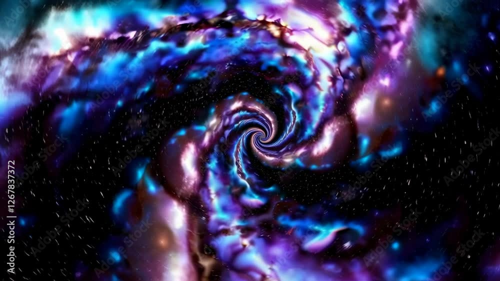 Poster mesmerizing cosmic landscape revealing spiraling galactic structure rotating through infinite space,