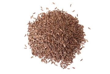 Top view of pile of caraway seeds. Pile of cumin seeds isolated on a white background. No AI tools