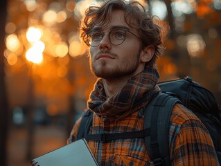 Obraz premium A young man gazes thoughtfully in a forest during autumn.