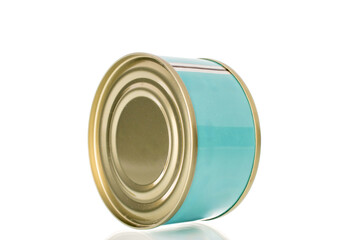 One metal can of fish, close-up, isolated on a white background.