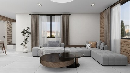 This modern living room features a neutral palette, cozy sectional sofa, wood accents, and large windows, creating a bright, stylish, and inviting atmosphere with a touch of elegance
