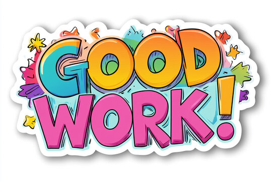 A colorful cartoon sticker with the text GOOD WORK