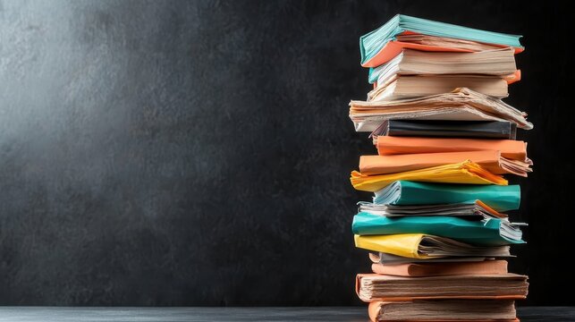 A tall stack of vibrant, multi-colored books against a dark surface, representing knowledge, creativity, and the joy of reading in a modern and artistic setting.
