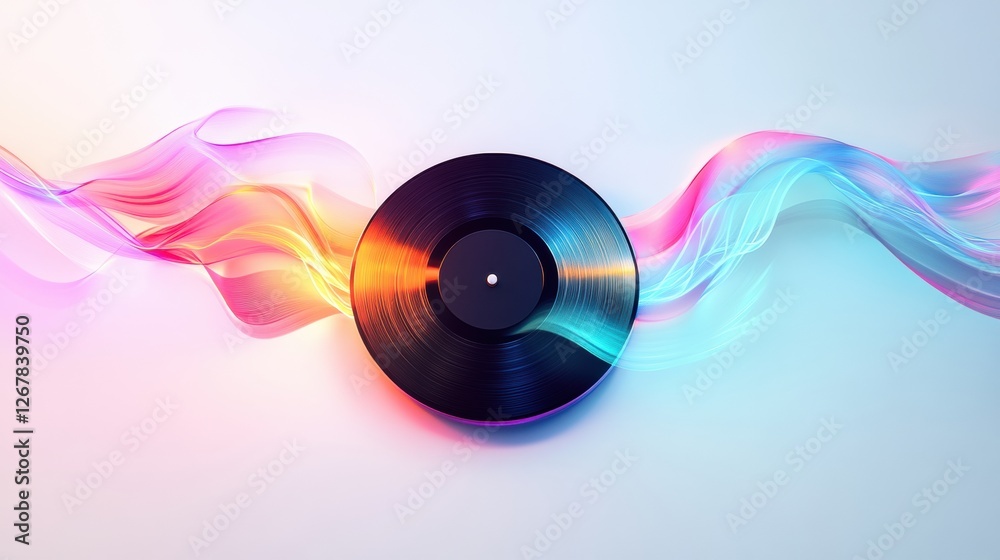 Poster colorful audio waves emanate from a vinyl record on a gradient background. generative ai