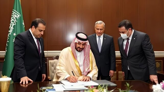 Saudi man signing an important agreement with delegates
