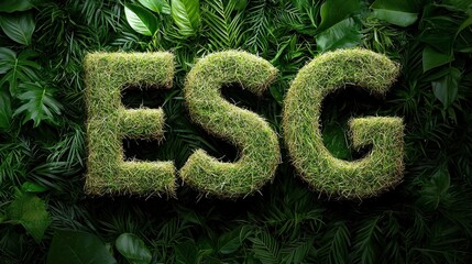 Letters ESG made of grass symbolize sustainability in a vibrant forest setting