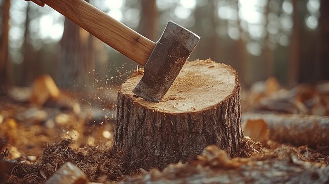 wood chopping scene with axe striking tree stump in forest capturing timber industry work tool sharp blade and natural outdoor environment concept