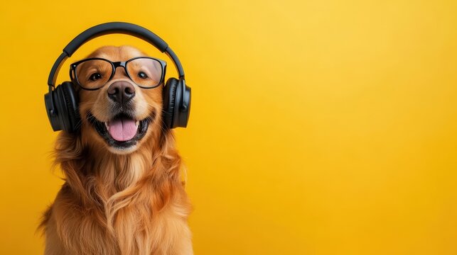 A golden retriever sporting stylish glasses and headphones, radiating joy and a relaxed demeanor against a bright yellow backdrop, inviting a sense of happiness.