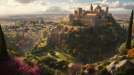 Fototapeta premium Ancient Citadel Nestled in a Lush Valley with Majestic Stone Walls, Historic Architecture, and Stunning Natural Scenery