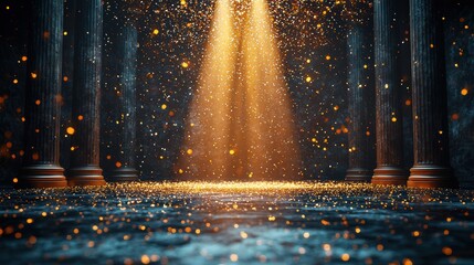A mystical scene with glowing particles and illuminated columns.