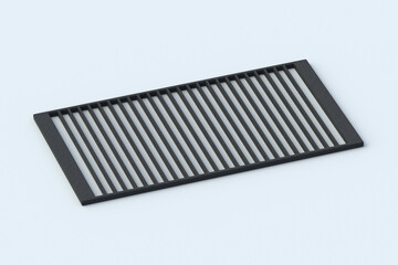 Iron grill grid on light gray background. Empty rough metal grate for bbq. Picnic equipment. 3d render
