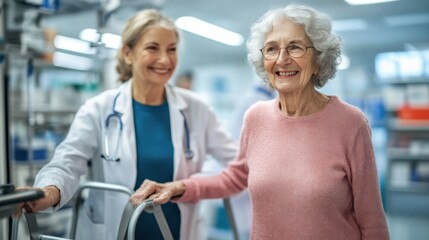 Obraz premium A happy elderly woman using a walker, helped by a medical professional in a spacious and welcoming therapy environment