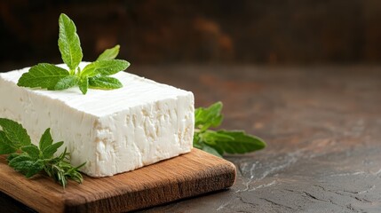 An inviting block of feta cheese garnished with fresh mint and herb leaves, set on a dark wooden board, showcasing elegance and a touch of gourmet freshness in food.